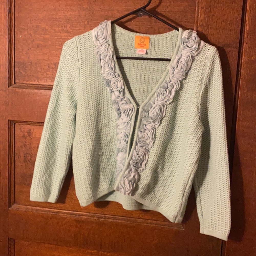 Ruby Rd Petite M Seafoam Cardigan Sweater w/Rose Trim